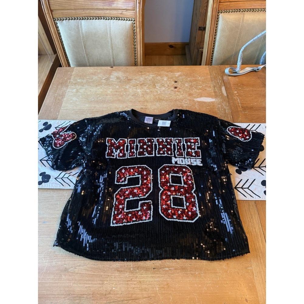 2026 Disney Parks Sequin Minnie Mouse Cropped Football Jersey Her Universe New L